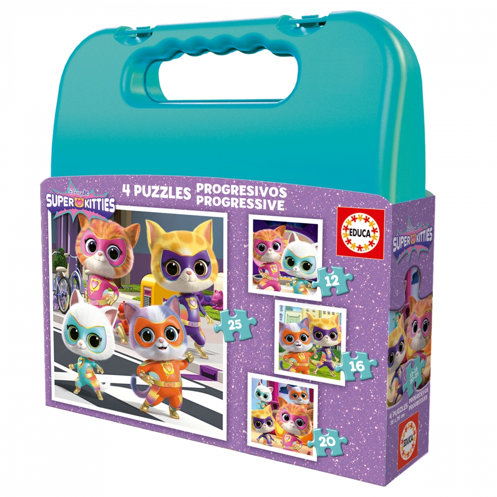 EDU20341 Прогресивен пъзел, Educa, Super Kitties в куфарче 4 в 1, 12-16-20-25 части